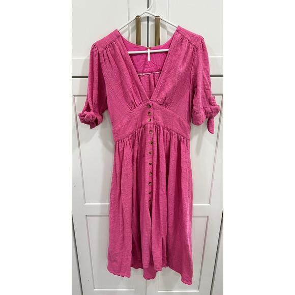 Free People Dresses & Skirts - Free People Pink Cotton Button Down V-Neck Midi Dress Womens XS Tie Sleeve Boho
